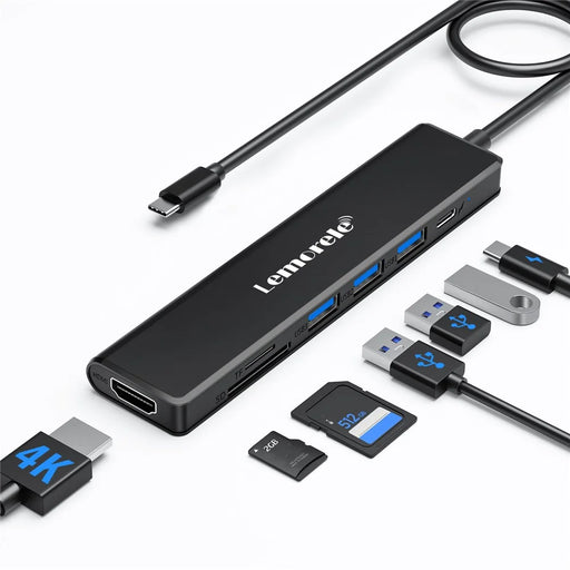 LEMORELE TC90 7 in 1 USB-C Hub PD 100W Fast Charging 4K HD 3x USB 3.0 Dock SD TF Card Reader - Black - 2