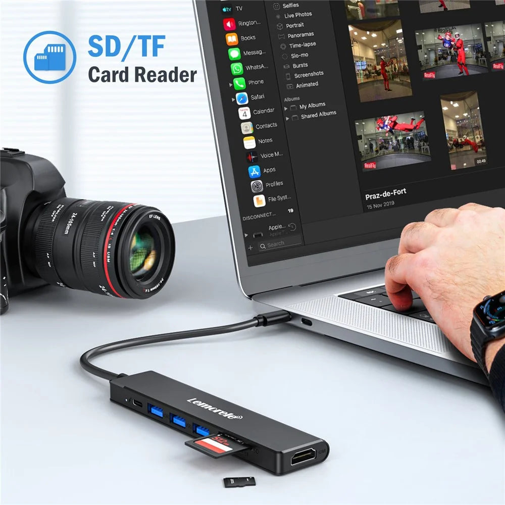 LEMORELE TC90 7 in 1 USB-C Hub PD 100W Fast Charging 4K HD 3x USB 3.0 Dock SD TF Card Reader - Black - 3