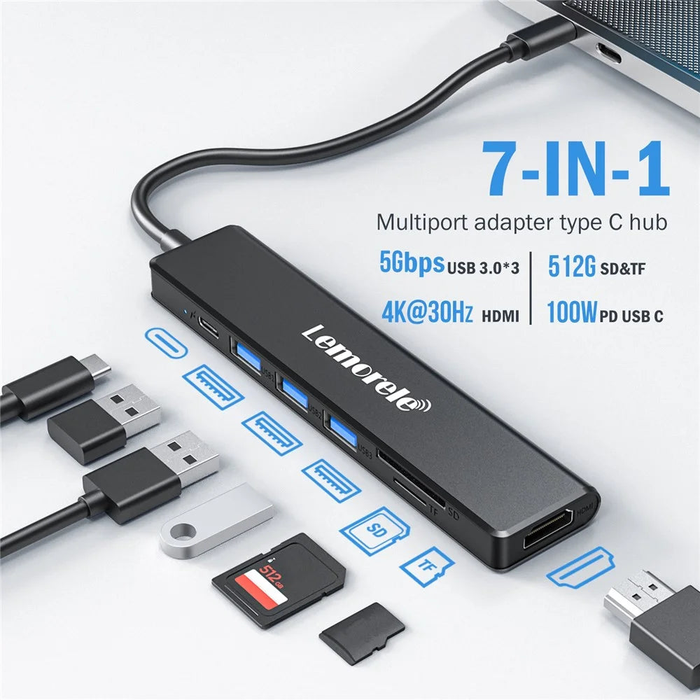 LEMORELE TC90 7 in 1 USB-C Hub PD 100W Fast Charging 4K HD 3x USB 3.0 Dock SD TF Card Reader - Black - 5