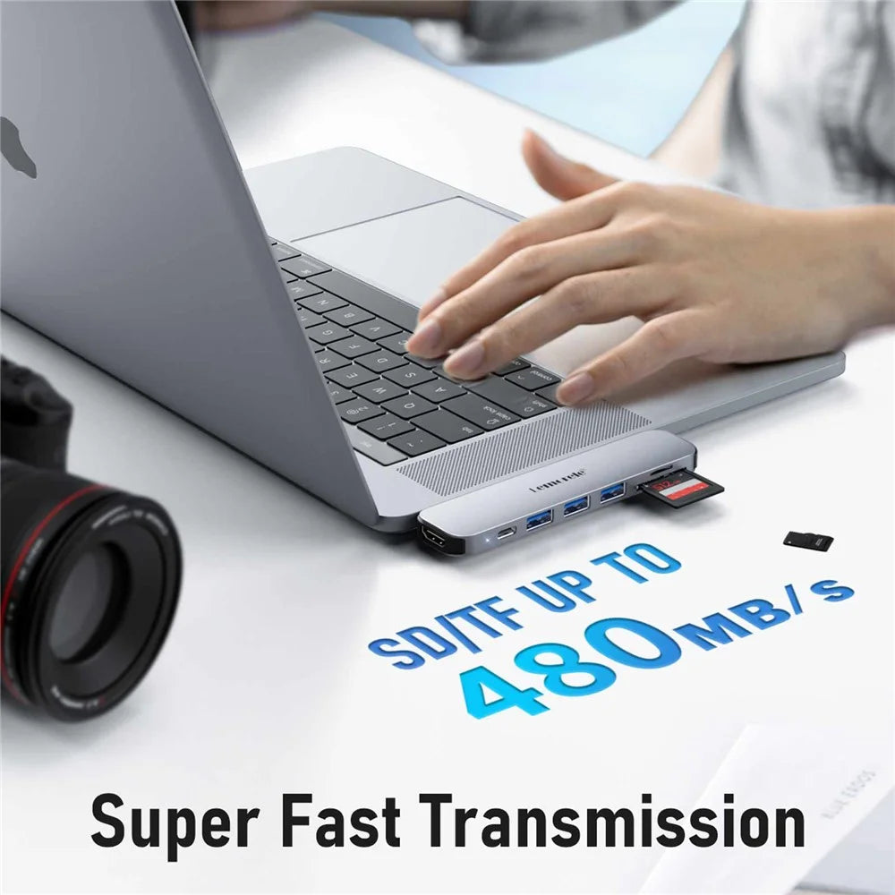 LEMORELE TC52 7 in 1 USB-C Hub PD 100W Charging 4K / 60Hz HD Docking Station for MacBook SD / TF Card Reader - Silver Grey - 3
