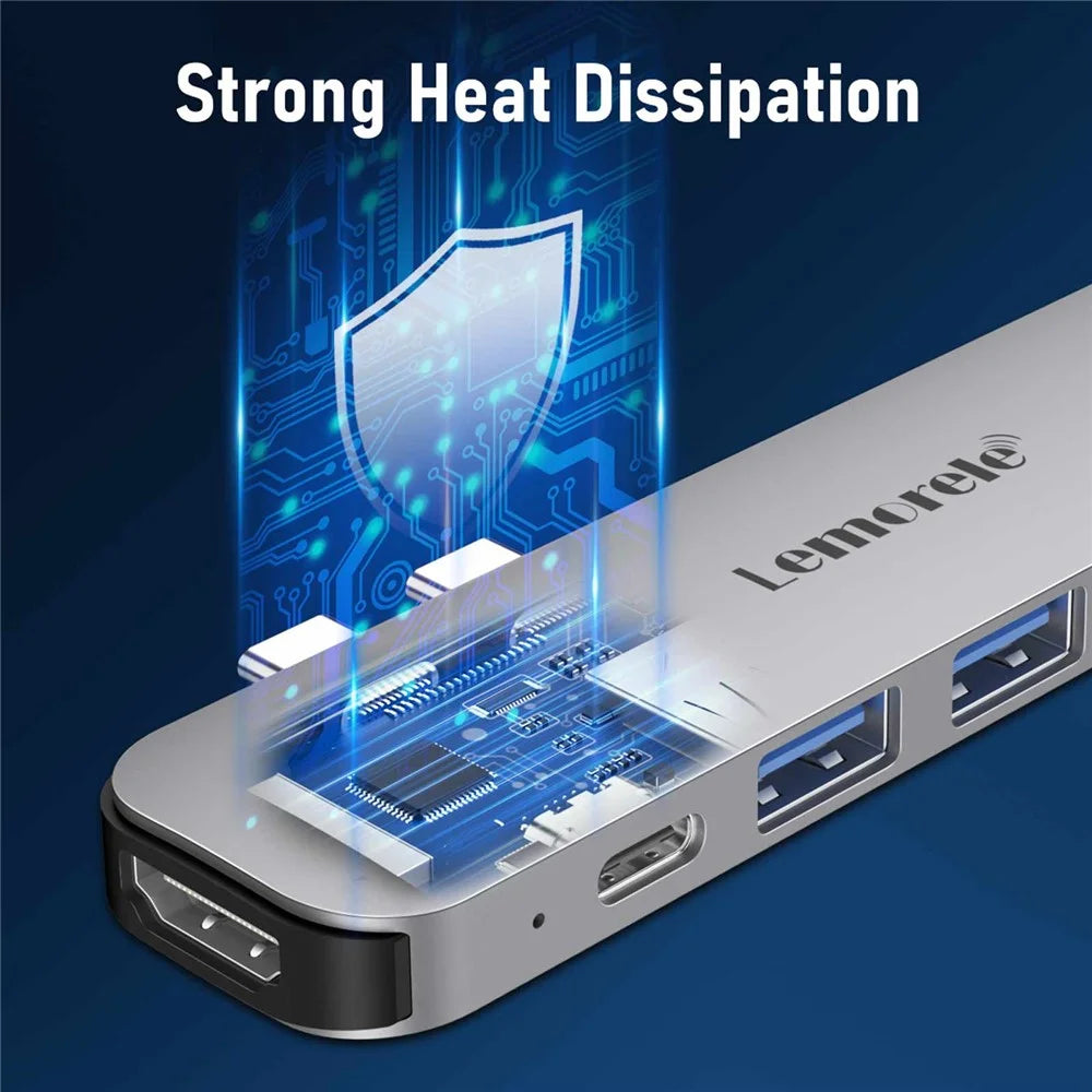 LEMORELE TC52 7 in 1 USB-C Hub PD 100W Charging 4K / 60Hz HD Docking Station for MacBook SD / TF Card Reader - Silver Grey - 7