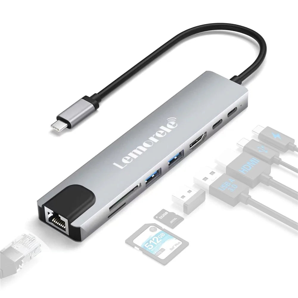 LEMORELE TC19L 8 in 1 USB-C Hub PD 65W Charging 4K HD Gigabit Ethernet Expansion Dock SD / TF Card Reader - Silver Grey - 1