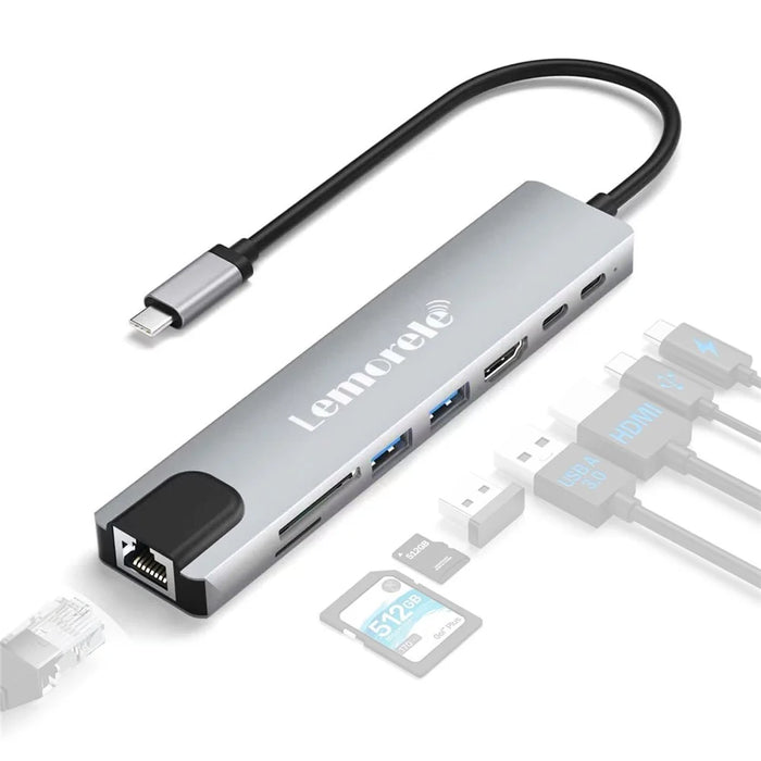 LEMORELE TC19L 8 in 1 USB-C Hub PD 65W Charging 4K HD Gigabit Ethernet Expansion Dock SD / TF Card Reader - Silver Grey - 1