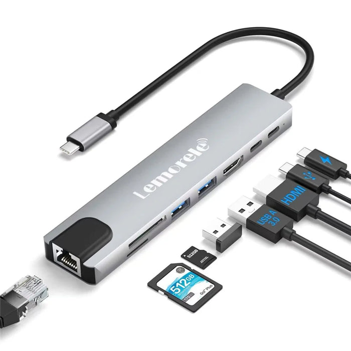 LEMORELE TC19L 8 in 1 USB-C Hub PD 65W Charging 4K HD Gigabit Ethernet Expansion Dock SD / TF Card Reader - Silver Grey - 2