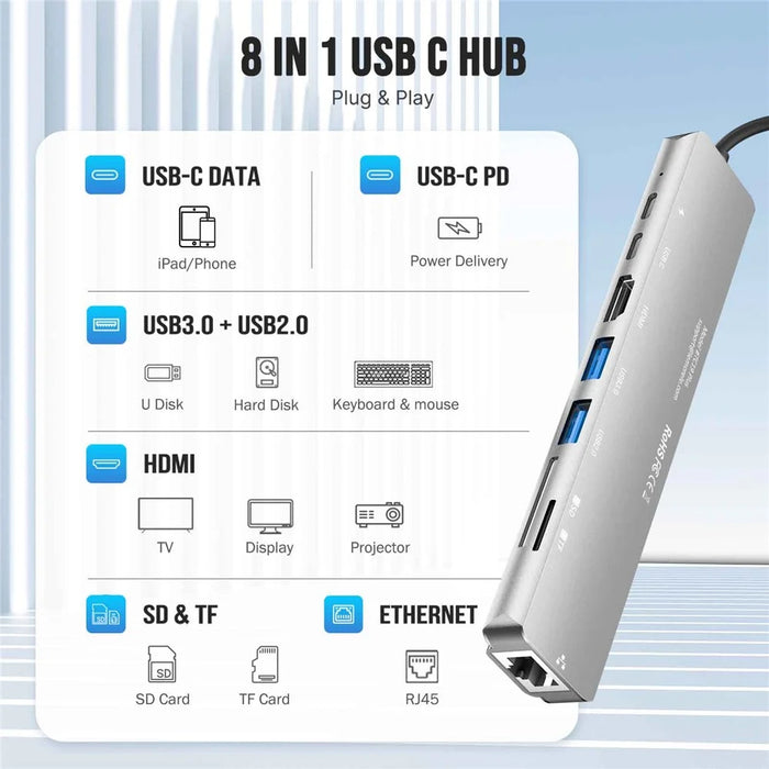 LEMORELE TC19L 8 in 1 USB-C Hub PD 65W Charging 4K HD Gigabit Ethernet Expansion Dock SD / TF Card Reader - Silver Grey - 3