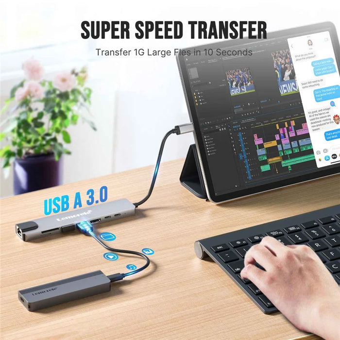 LEMORELE TC19L 8 in 1 USB-C Hub PD 65W Charging 4K HD Gigabit Ethernet Expansion Dock SD / TF Card Reader - Silver Grey - 6