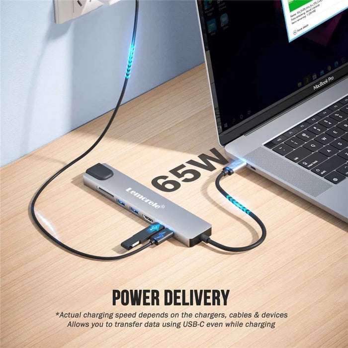 LEMORELE TC19L 8 in 1 USB-C Hub PD 65W Charging 4K HD Gigabit Ethernet Expansion Dock SD / TF Card Reader - Silver Grey - 7