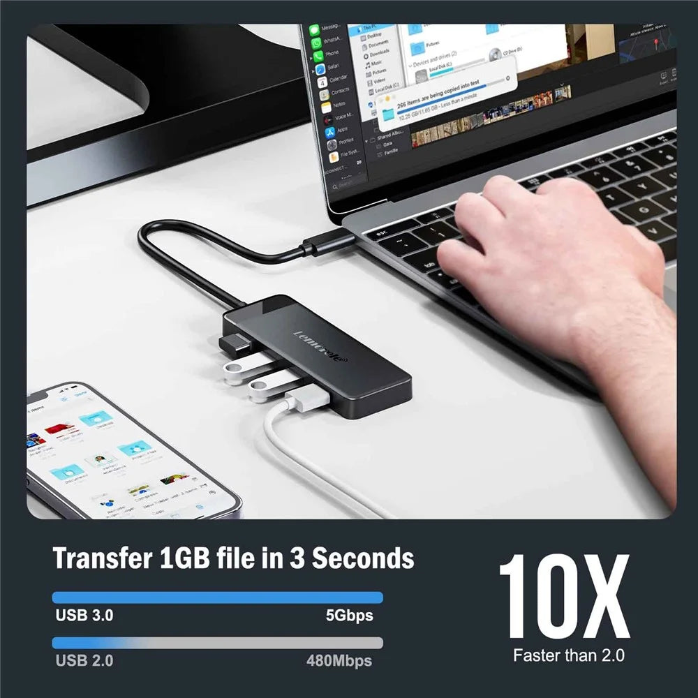 LEMORELE TC92 9 in 1 USB-C Hub PD 100W Fast Charging 4K HD USB 3.0 Docking Station SD / TF Card Reader - Black - 4