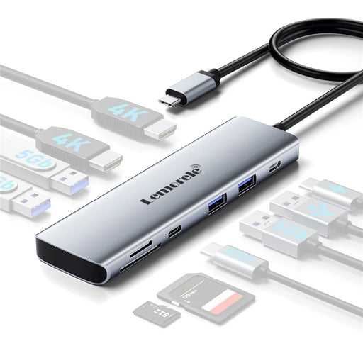 LEMORELE TC91 10 in 1 USB-C Hub Dual 4K / 30Hz HD PD100W Fast Charging USB 3.0 Docking Station SD / TF Card Reader - Silver Grey - 1