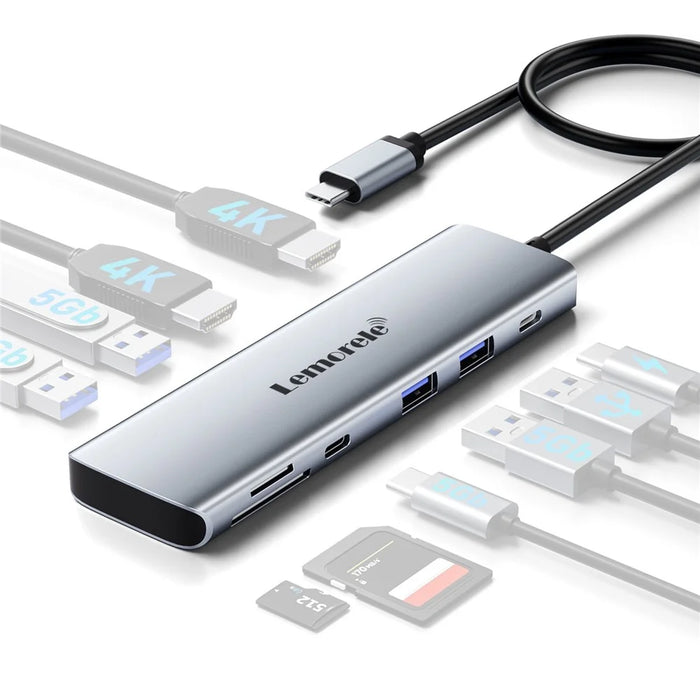 LEMORELE TC91 10 in 1 USB-C Hub Dual 4K / 30Hz HD PD100W Fast Charging USB 3.0 Docking Station SD / TF Card Reader - Silver Grey - 1