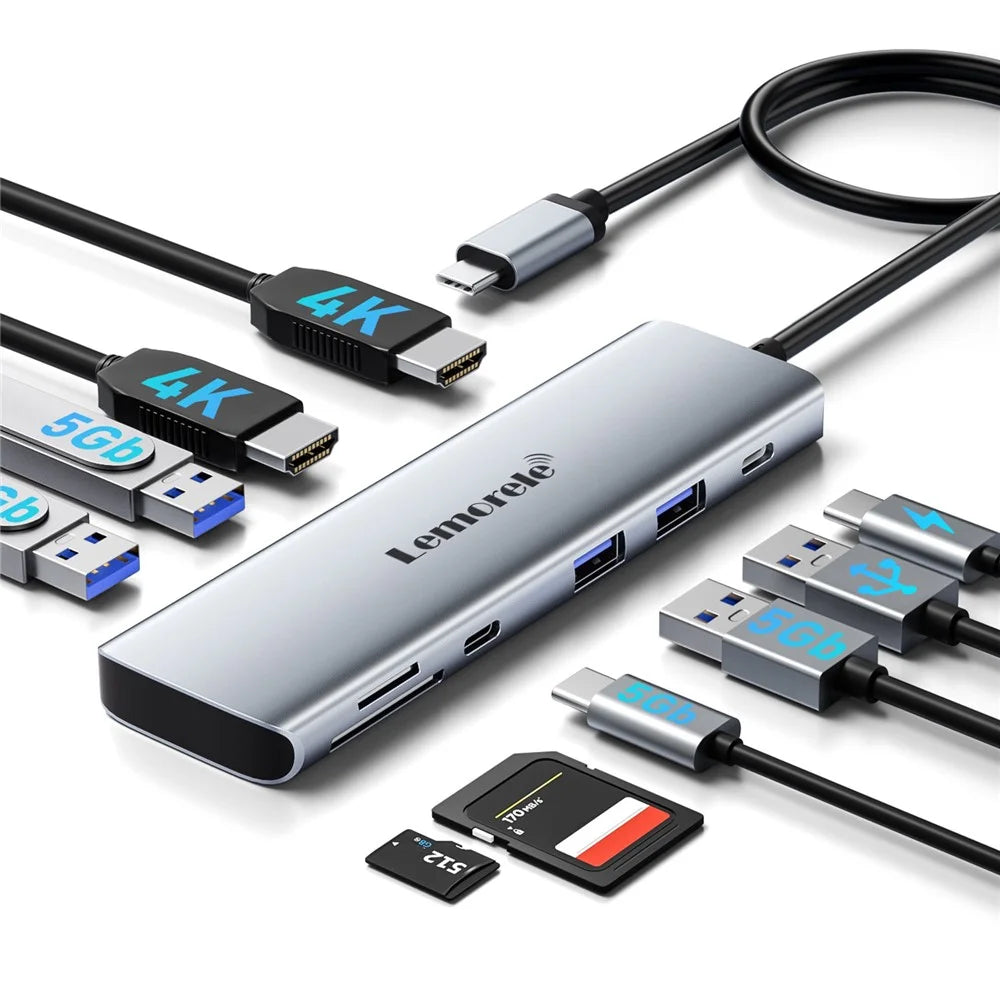 LEMORELE TC91 10 in 1 USB-C Hub Dual 4K / 30Hz HD PD100W Fast Charging USB 3.0 Docking Station SD / TF Card Reader - Silver Grey - 2