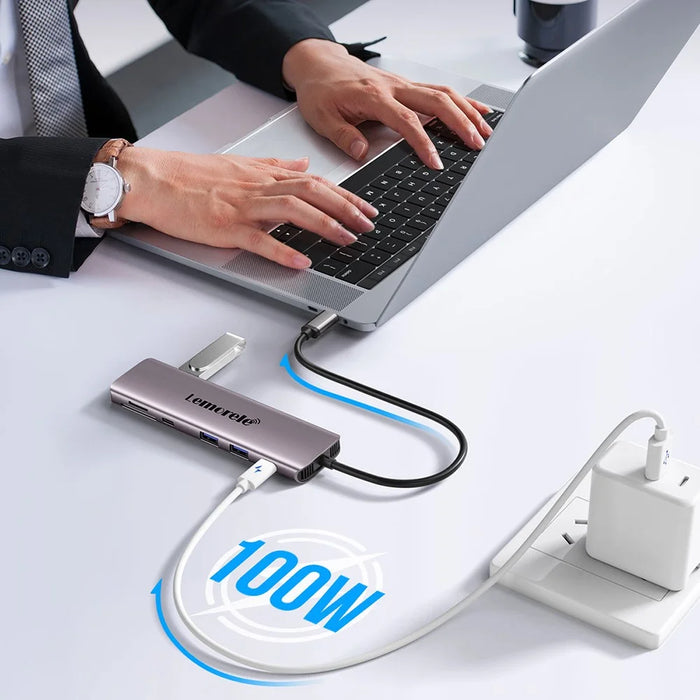 LEMORELE TC91 10 in 1 USB-C Hub Dual 4K / 30Hz HD PD100W Fast Charging USB 3.0 Docking Station SD / TF Card Reader - Silver Grey - 3