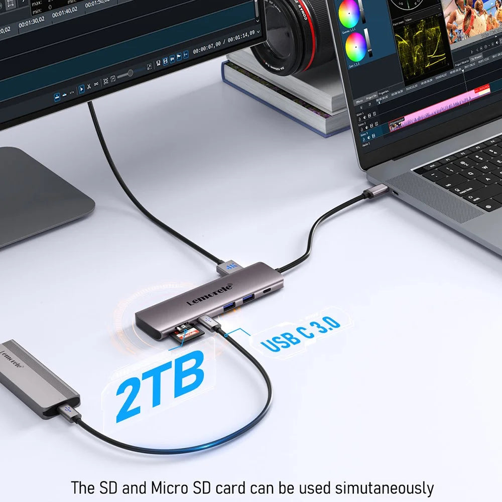 LEMORELE TC91 10 in 1 USB-C Hub Dual 4K / 30Hz HD PD100W Fast Charging USB 3.0 Docking Station SD / TF Card Reader - Silver Grey - 6