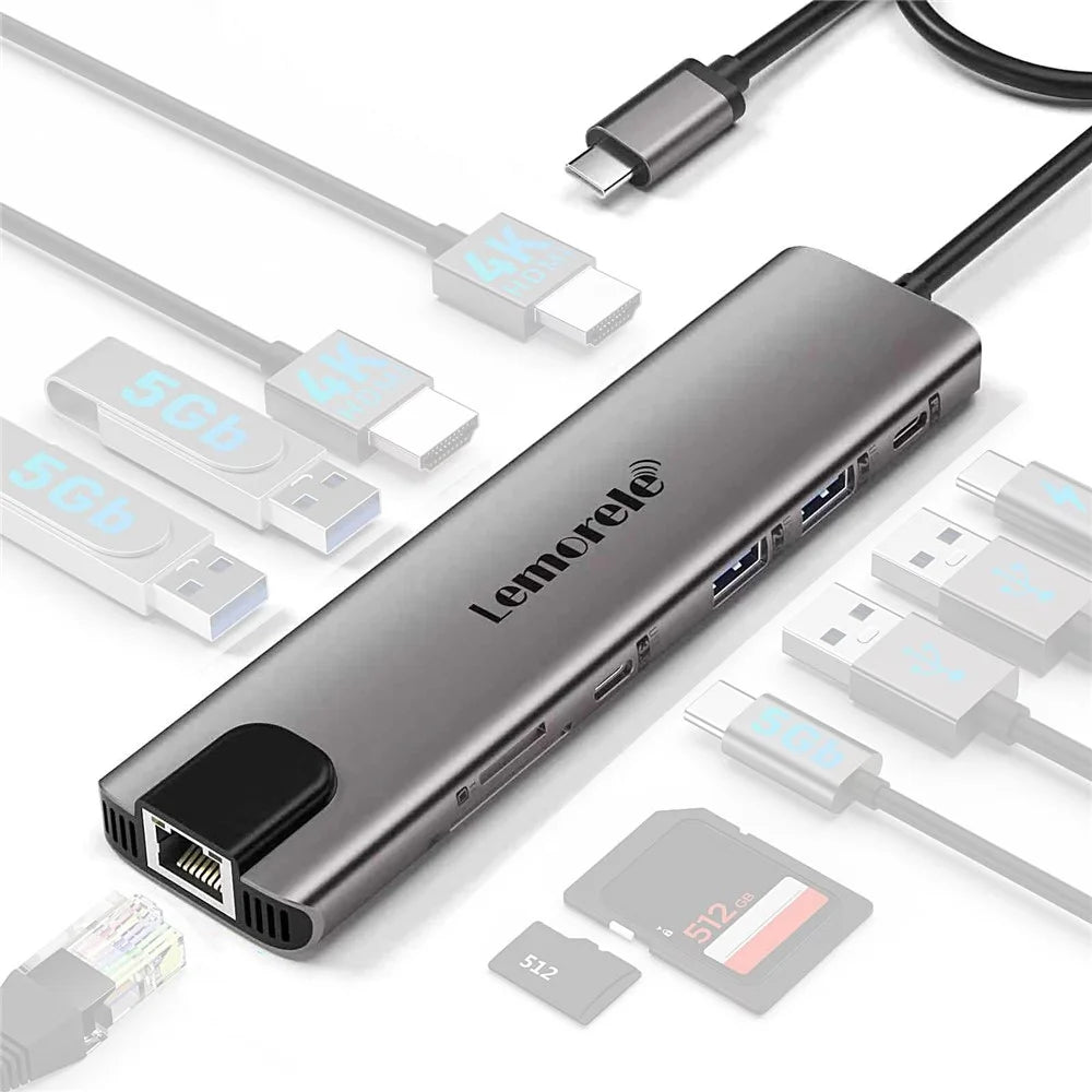 LEMORELE TC65L 11 in 1 USB-C Hub Gigabit RJ45 Dual HD 4K PD 100W Fast Charging Card Reader Docking Station for MacBook Laptop - Silver Grey - 1