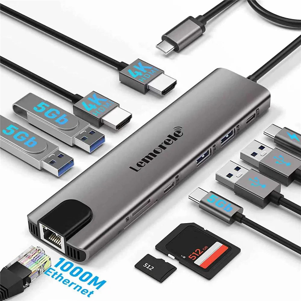LEMORELE TC65L 11 in 1 USB-C Hub Gigabit RJ45 Dual HD 4K PD 100W Fast Charging Card Reader Docking Station for MacBook Laptop - Silver Grey - 2