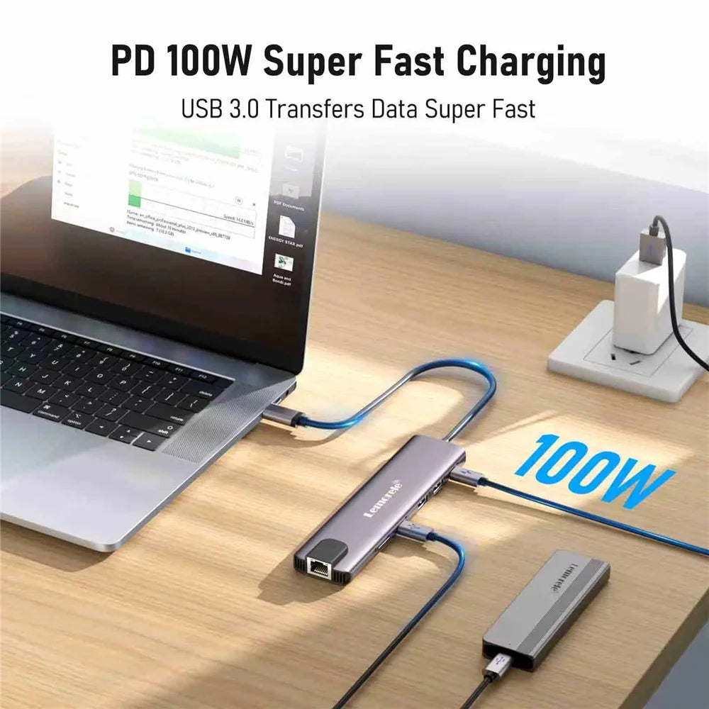 LEMORELE TC65L 11 in 1 USB-C Hub Gigabit RJ45 Dual HD 4K PD 100W Fast Charging Card Reader Docking Station for MacBook Laptop - Silver Grey - 3
