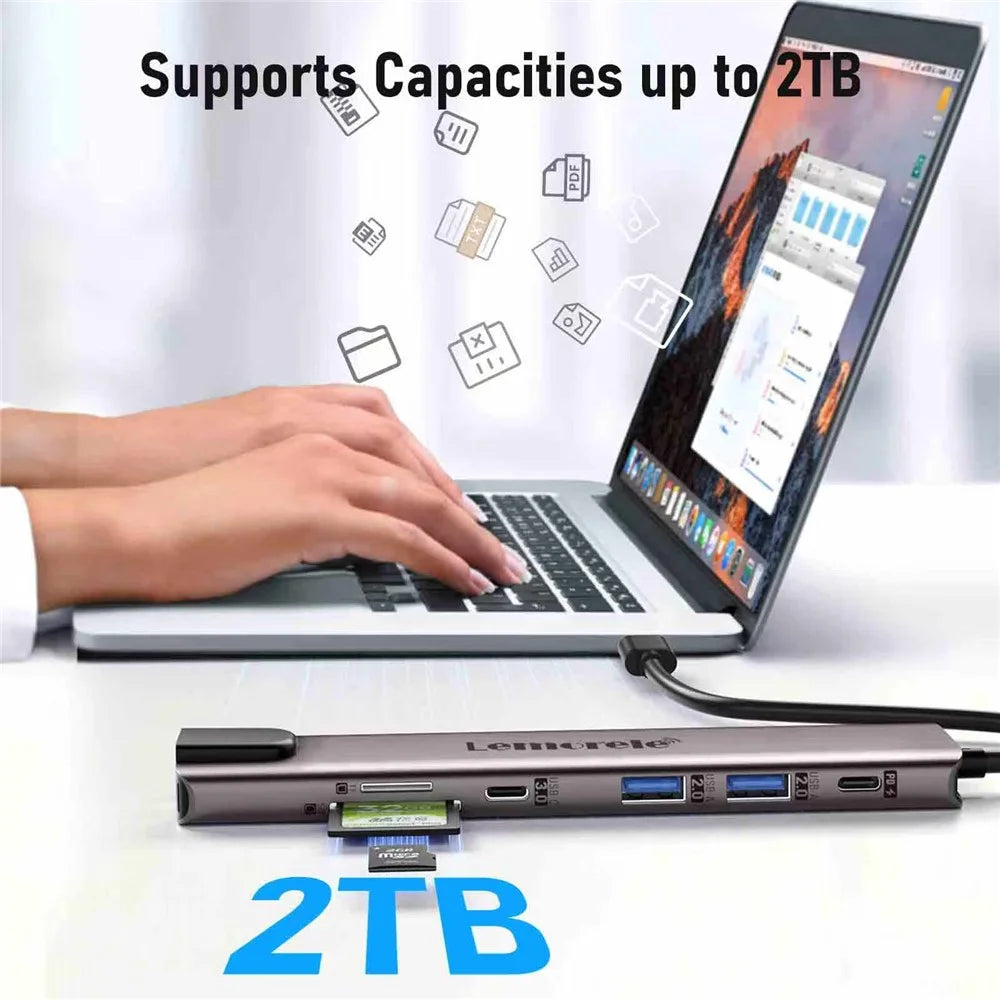 LEMORELE TC65L 11 in 1 USB-C Hub Gigabit RJ45 Dual HD 4K PD 100W Fast Charging Card Reader Docking Station for MacBook Laptop - Silver Grey - 4