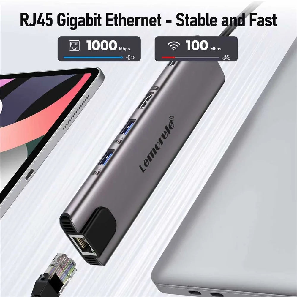 LEMORELE TC65L 11 in 1 USB-C Hub Gigabit RJ45 Dual HD 4K PD 100W Fast Charging Card Reader Docking Station for MacBook Laptop - Silver Grey - 7