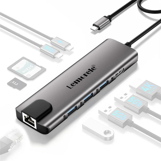 LEMORELE TC39 9 in 1 USB-C Hub Docking Station, RJ-45 Ethernet + 4K HD + Dual USB-C + SD + TF + 3 USB 3.0 + Type-C PD - Silver Grey - 1