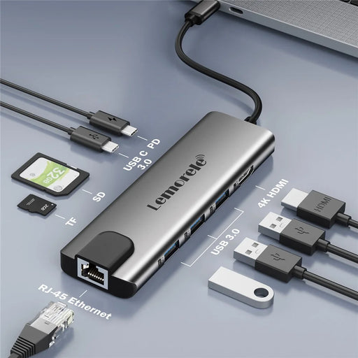 LEMORELE TC39 9 in 1 USB-C Hub Docking Station, RJ-45 Ethernet + 4K HD + Dual USB-C + SD + TF + 3 USB 3.0 + Type-C PD - Silver Grey - 2