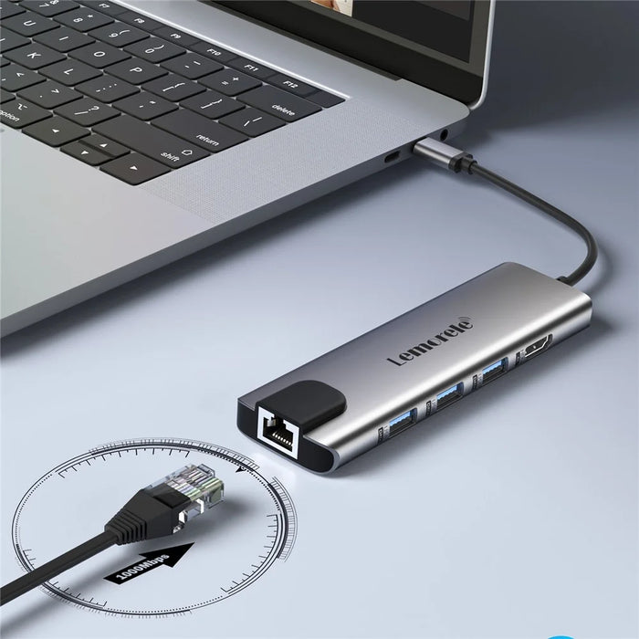 LEMORELE TC39 9 in 1 USB-C Hub Docking Station, RJ-45 Ethernet + 4K HD + Dual USB-C + SD + TF + 3 USB 3.0 + Type-C PD - Silver Grey - 4