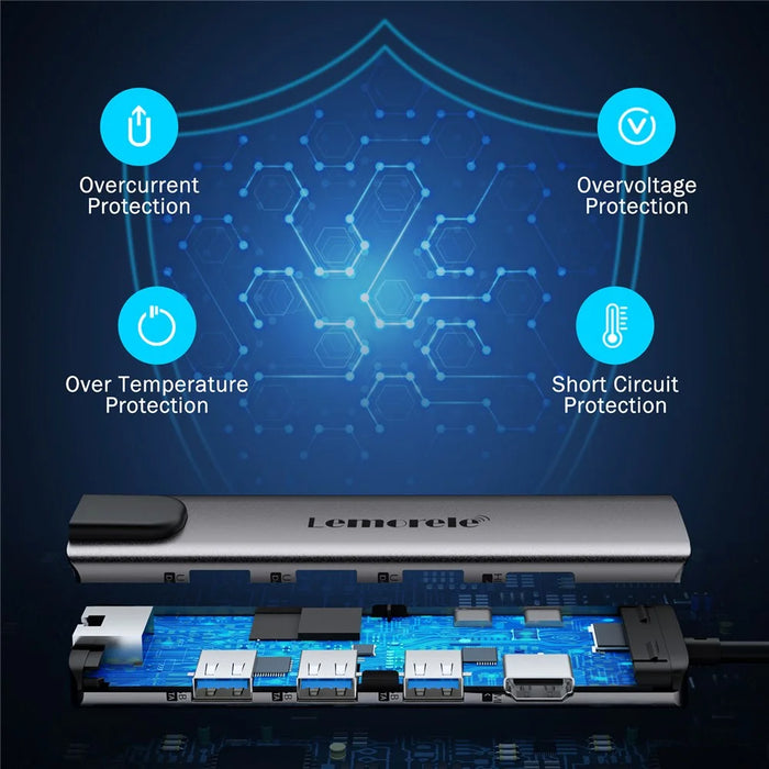 LEMORELE TC39 9 in 1 USB-C Hub Docking Station, RJ-45 Ethernet + 4K HD + Dual USB-C + SD + TF + 3 USB 3.0 + Type-C PD - Silver Grey - 6