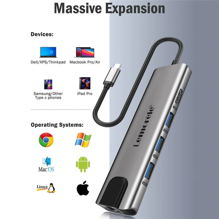 LEMORELE TC39 9 in 1 USB-C Hub Docking Station, RJ-45 Ethernet + 4K HD + Dual USB-C + SD + TF + 3 USB 3.0 + Type-C PD - Silver Grey - 7