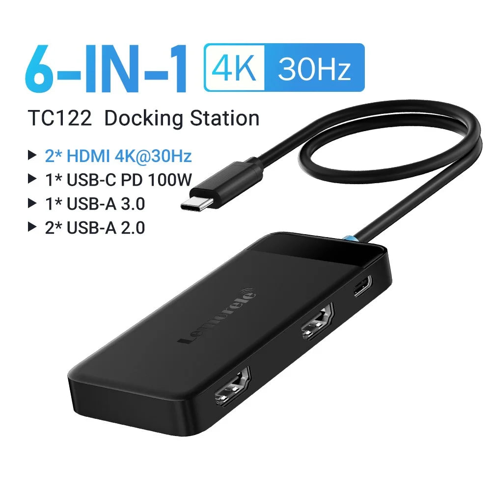 LEMORELE TC122 6 in 1 USB C Hub Dual HD 4K 30Hz + PD 100W Fast Charging + 3 USB Ports Dock Station for MacBook Laptop - Black - 2