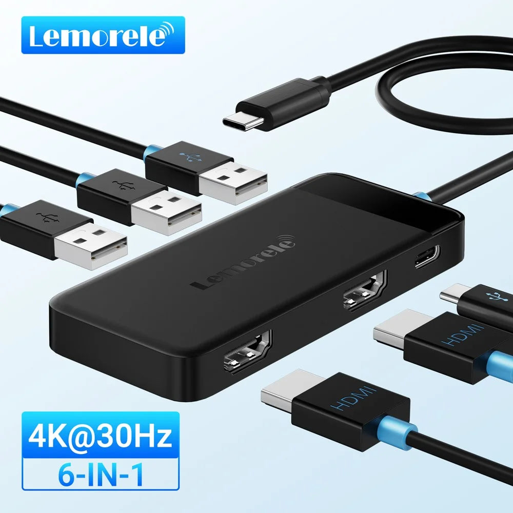 LEMORELE TC122 6 in 1 USB C Hub Dual HD 4K 30Hz + PD 100W Fast Charging + 3 USB Ports Dock Station for MacBook Laptop - Black - 3