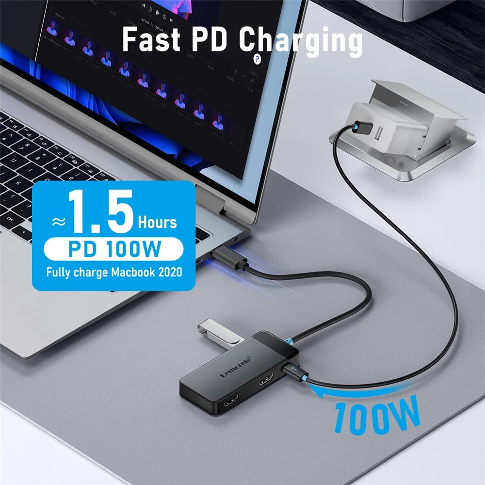 LEMORELE TC122 6 in 1 USB C Hub Dual HD 4K 30Hz + PD 100W Fast Charging + 3 USB Ports Dock Station for MacBook Laptop - Black - 6