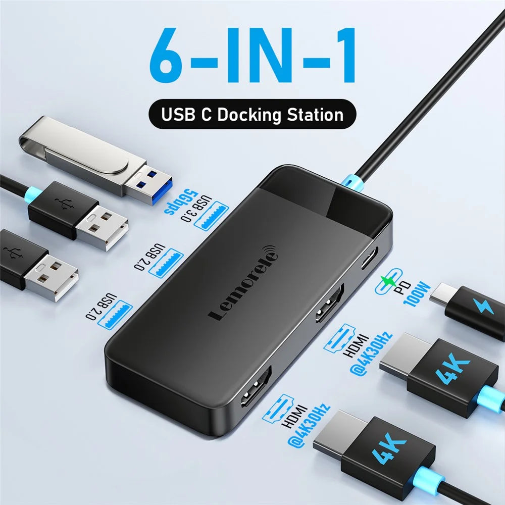 LEMORELE TC122 6 in 1 USB C Hub Dual HD 4K 30Hz + PD 100W Fast Charging + 3 USB Ports Dock Station for MacBook Laptop - Black - 7