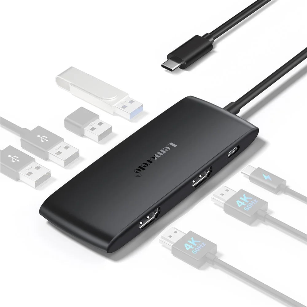 LEMORELE TC510 USB-C 7 in 1 Hub Dual HD 4K 60Hz PD 100W Charging Docking Station for Laptop - Black - 1