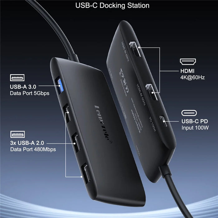 LEMORELE TC510 USB-C 7 in 1 Hub Dual HD 4K 60Hz PD 100W Charging Docking Station for Laptop - Black - 2