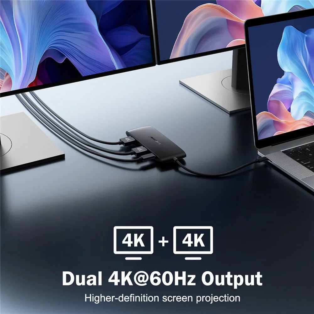 LEMORELE TC510 USB-C 7 in 1 Hub Dual HD 4K 60Hz PD 100W Charging Docking Station for Laptop - Black - 3