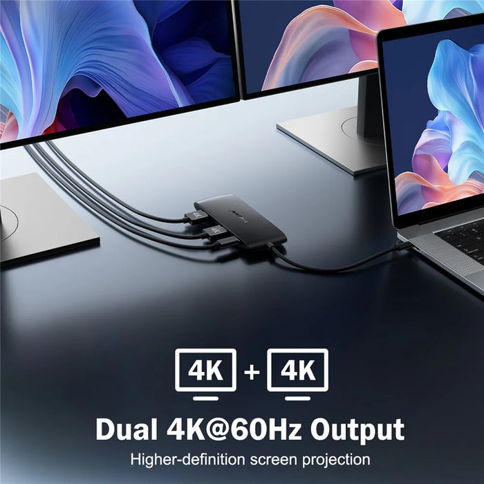 LEMORELE TC510 USB-C 7 in 1 Hub Dual HD 4K 60Hz PD 100W Charging Docking Station for Laptop - Black - 3