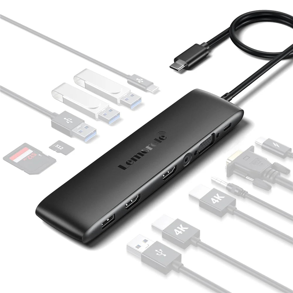 LEMORELE TC97 12 in 1 USB C Hub Dual HD + VGA 10Gbps High Speed USB Card Reader Laptop Docking Station - Silver Grey - 1