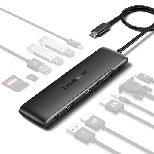 LEMORELE TC97 12 in 1 USB C Hub Dual HD + VGA 10Gbps High Speed USB Card Reader Laptop Docking Station - Silver Grey - 1