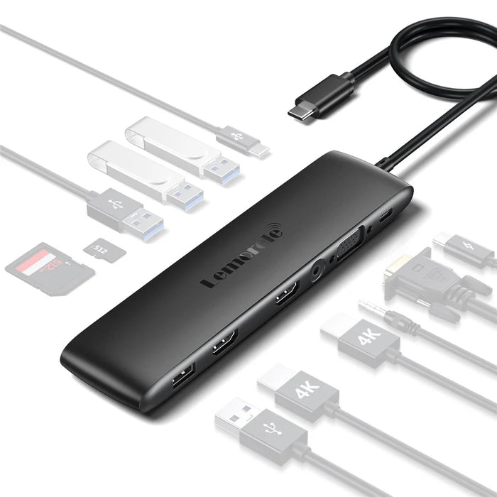 LEMORELE TC97 12 in 1 USB C Hub Dual HD + VGA 10Gbps High Speed USB Card Reader Laptop Docking Station - Silver Grey - 1