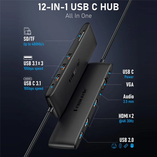 LEMORELE TC97 12 in 1 USB C Hub Dual HD + VGA 10Gbps High Speed USB Card Reader Laptop Docking Station - Silver Grey - 2