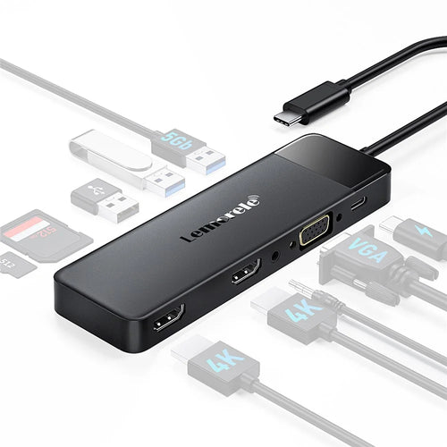 LEMORELE TC94 10-in-1 USB-C Hub Type-C to Dual HD+VGA+USB 3.0x2+USB 2.0+3.5mm Audio+Type-C PD 100W Fast Charging SD TF Card Reader Converter for Laptop - Black - 1