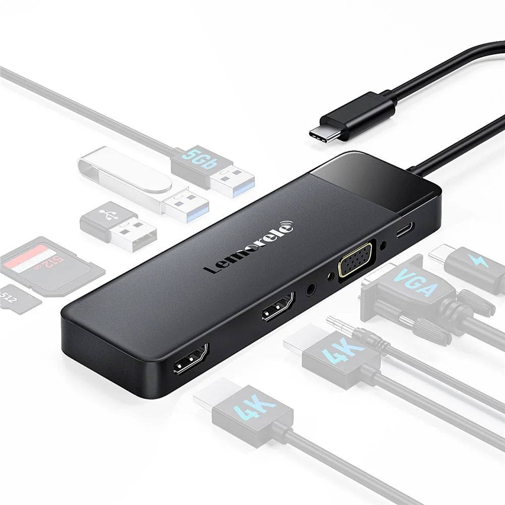 LEMORELE TC94 10-in-1 USB-C Hub Type-C to Dual HD+VGA+USB 3.0x2+USB 2.0+3.5mm Audio+Type-C PD 100W Fast Charging SD TF Card Reader Converter for Laptop - Black - 1