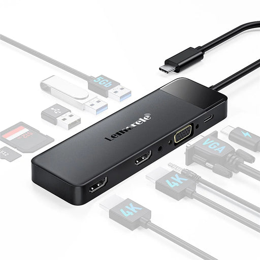 LEMORELE TC94 10-in-1 USB-C Hub Type-C to Dual HD+VGA+USB 3.0x2+USB 2.0+3.5mm Audio+Type-C PD 100W Fast Charging SD TF Card Reader Converter for Laptop - Black - 1
