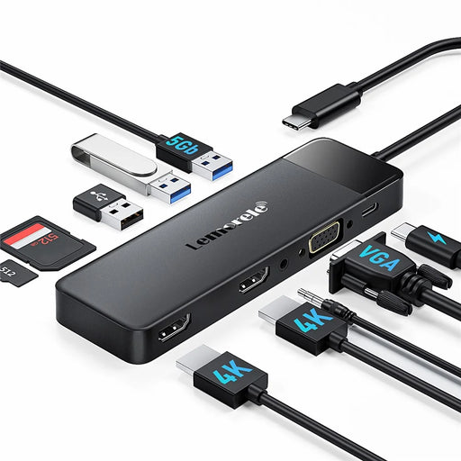 LEMORELE TC94 10-in-1 USB-C Hub Type-C to Dual HD+VGA+USB 3.0x2+USB 2.0+3.5mm Audio+Type-C PD 100W Fast Charging SD TF Card Reader Converter for Laptop - Black - 2