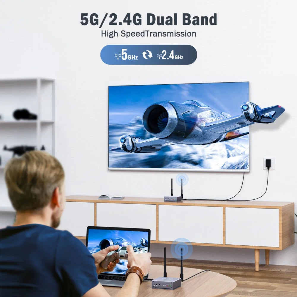 LEMORELE R15 Wireless HD Transmitter  /  Receiver Kit 5G / 2.4G Dual Band 4K Zero Delay Screen Mirroring HD Adapter for Gaming Meeting - Grey  /  Silver - 3