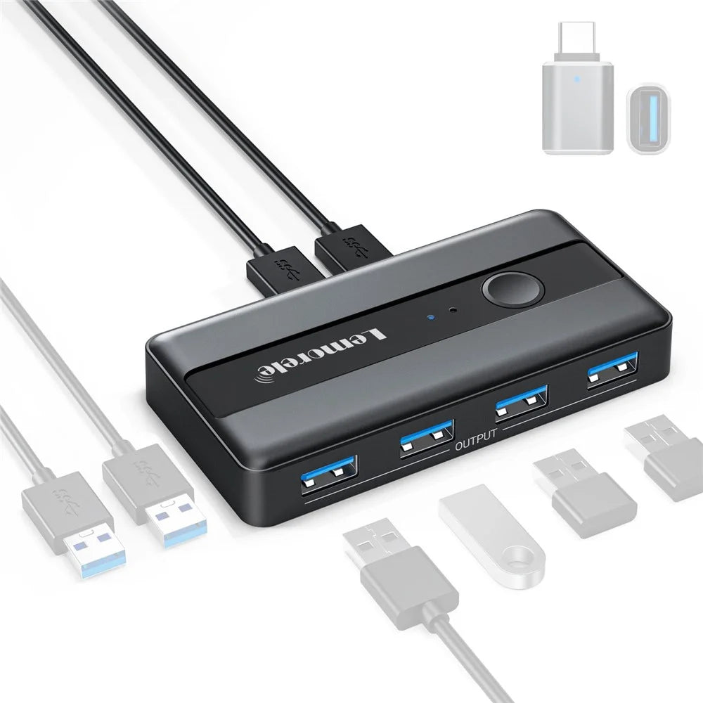 LEMORELE H5 USB 3.0 Switch Hub 5Gbps 2 Input 4 Output Dual-Host Sharing Switcher for Office - Black - 1