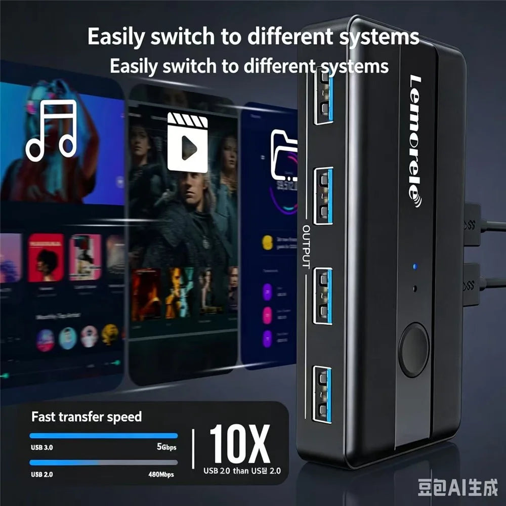 LEMORELE H5 USB 3.0 Switch Hub 5Gbps 2 Input 4 Output Dual-Host Sharing Switcher for Office - Black - 2