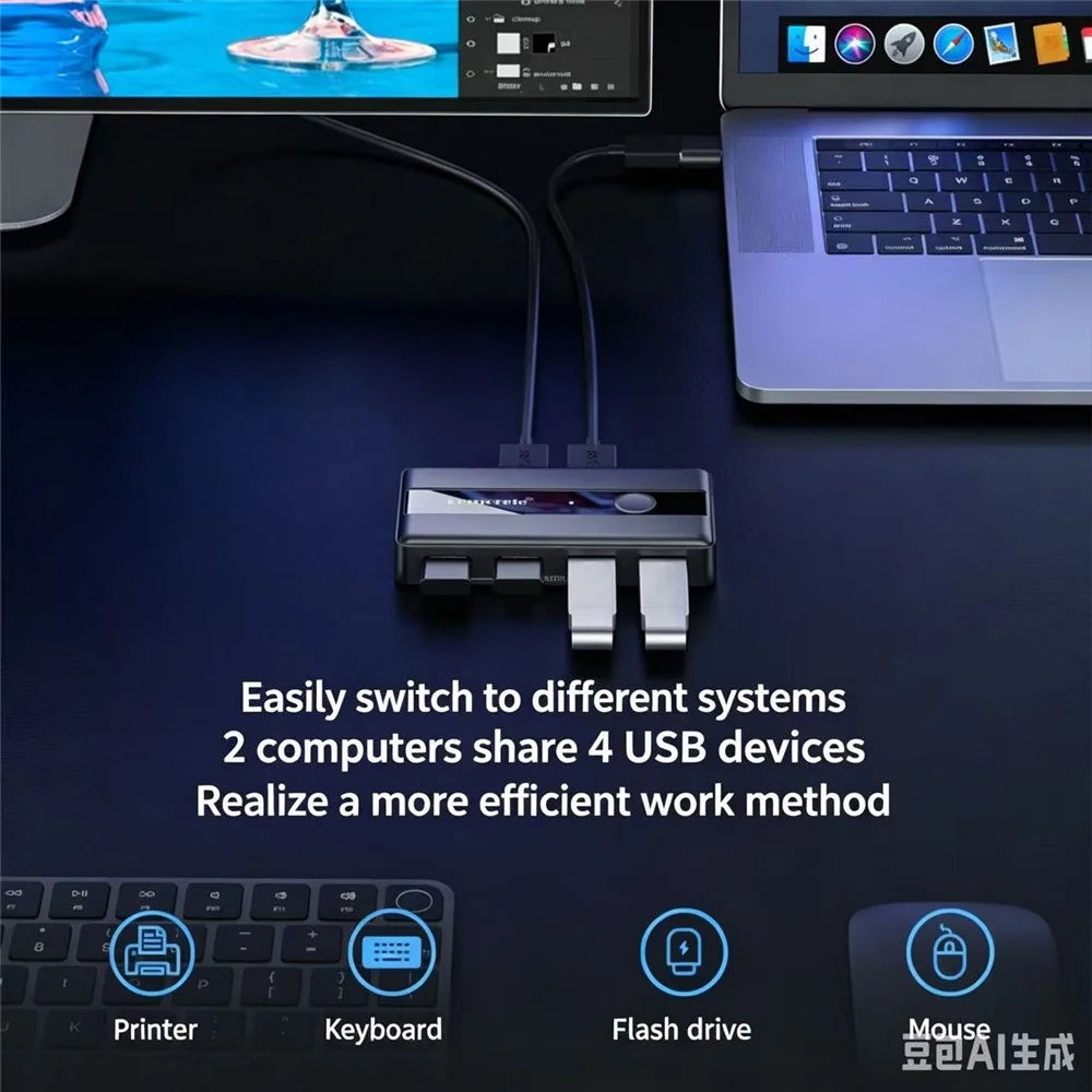 LEMORELE H5 USB 3.0 Switch Hub 5Gbps 2 Input 4 Output Dual-Host Sharing Switcher for Office - Black - 3