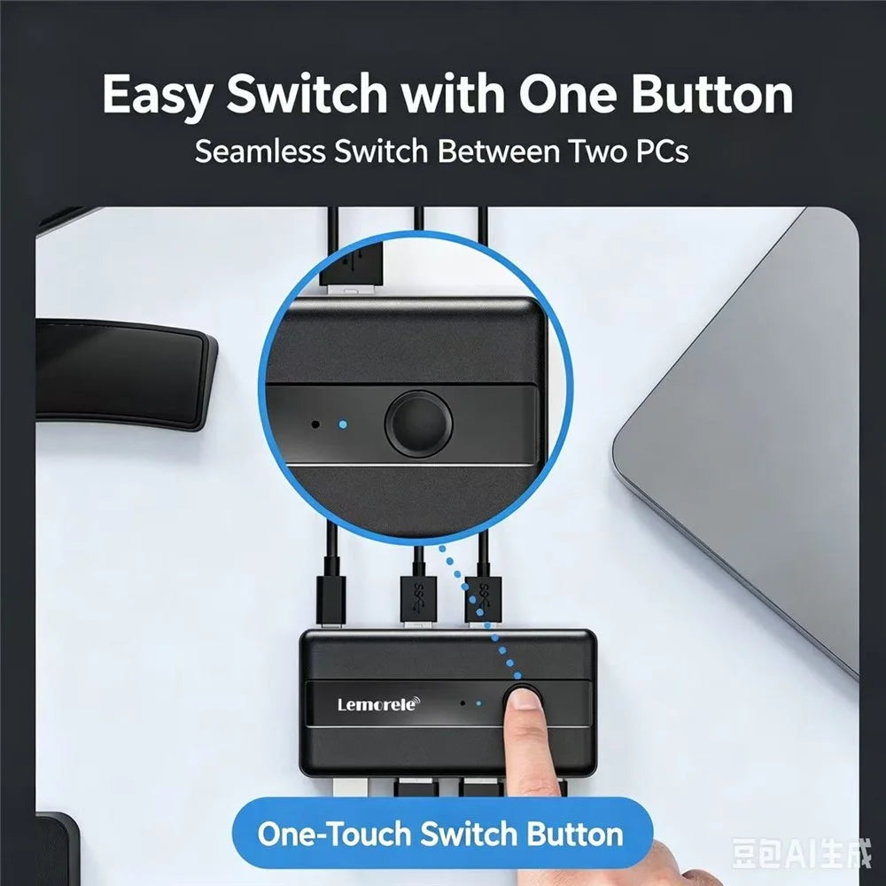LEMORELE H5 USB 3.0 Switch Hub 5Gbps 2 Input 4 Output Dual-Host Sharing Switcher for Office - Black - 5
