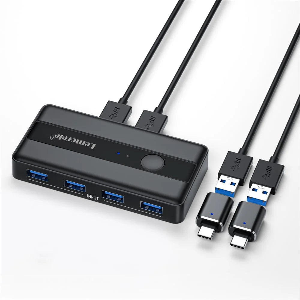 LEMORELE H5 USB 3.0 Switch Hub 5Gbps 2 Input 4 Output Dual-Host Sharing Switcher for Office - Black - 6