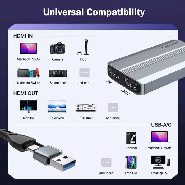 LEMORELE AC06 HD Video Capture Card 4K 30Hz HD Loop Out Gaming Streaming Recording Adapter for Camera Conference - Grey  /  Silver - 6